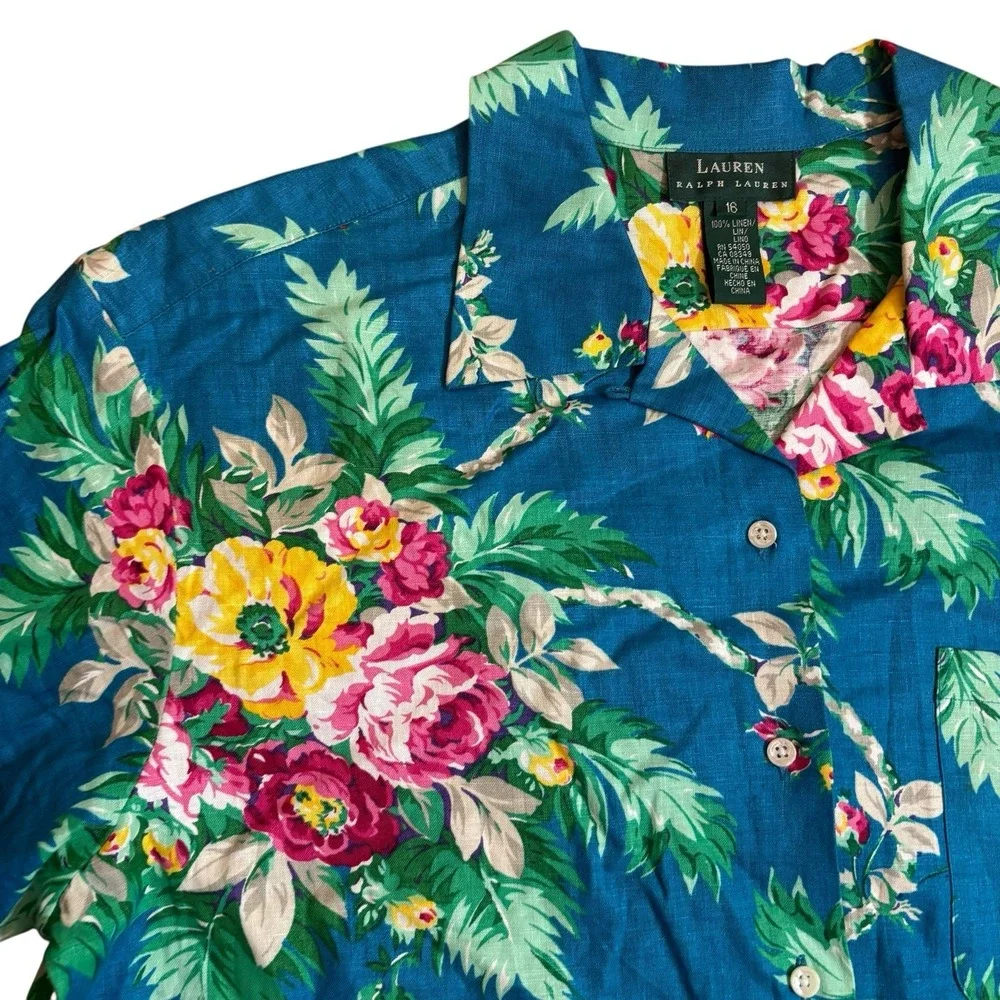 Lauren Ralph Lauren Floral Hawaiian Shirt Sz 16 Coastal Beach Linen Vacay Women - Picture 2 of 8